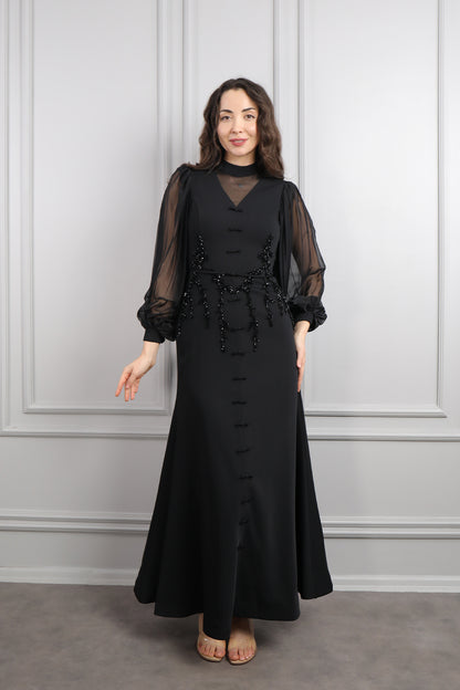 فستان باكمام واسعة مزين بتطريزات خرزية وفيونكات -اسود
