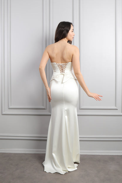 طقم سهرة تنورة وتوب سترابلس مزين بالخرز -ابيض