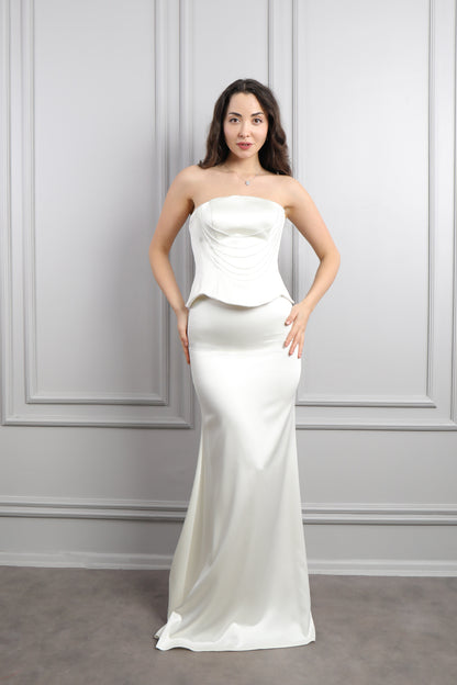 طقم سهرة تنورة وتوب سترابلس مزين بالخرز -ابيض