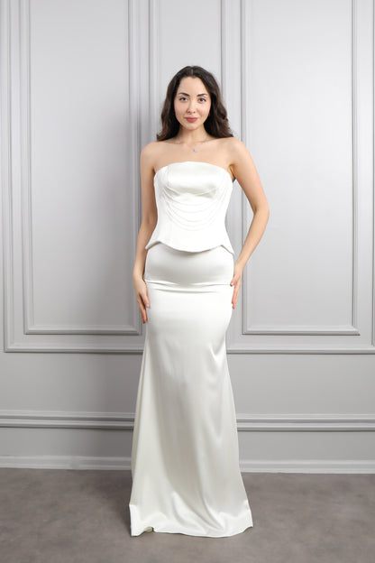 طقم سهرة تنورة وتوب سترابلس مزين بالخرز -ابيض