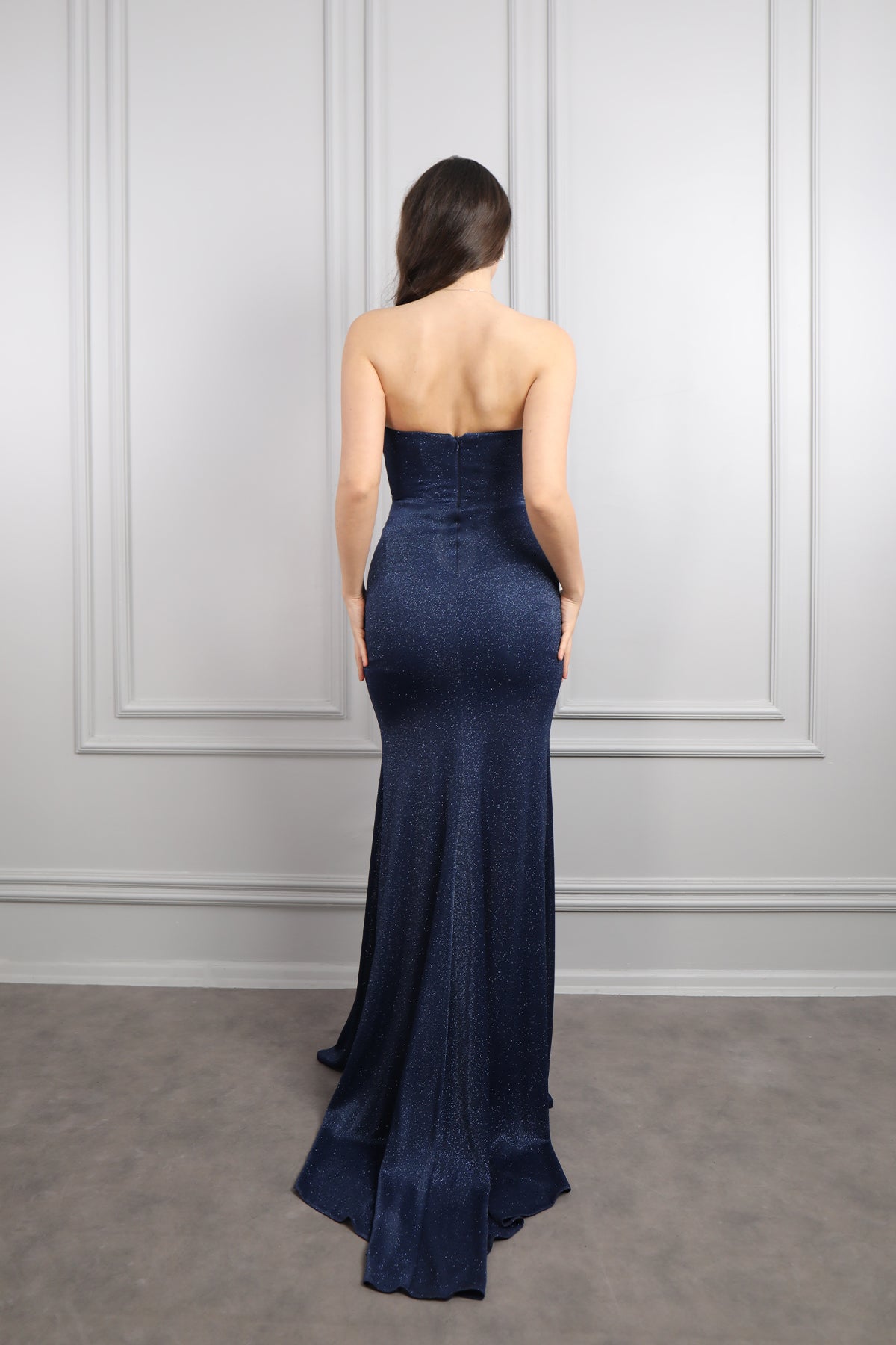 فستان سهرة لامع سترابلس بفتحة جانبية -كحلي