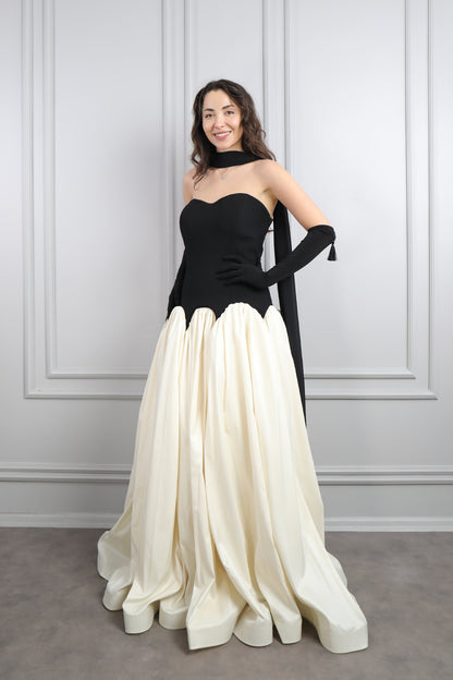 فستان سترابلس باكسسوار وشاح وقفازات -اسود و سكري