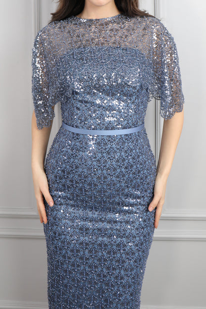 فستان ميدي سترابلس مطرز بالترتر مع تفصيل بوليرو -ازرق