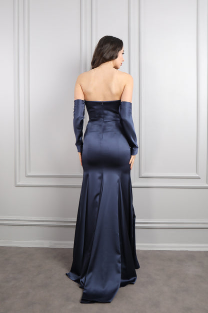 فستان سهرة سترابلس ساتان باكمام متحركة -كحلي