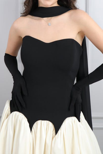 فستان سترابلس باكسسوار وشاح وقفازات -اسود و سكري