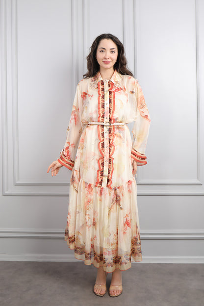 فستان شيفون مزخرف ومزين بتفاصيل كشكشة مع حزام عالخصر مقاس كبير -بيج