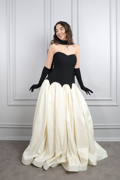 فستان سترابلس باكسسوار وشاح وقفازات -اسود و سكري