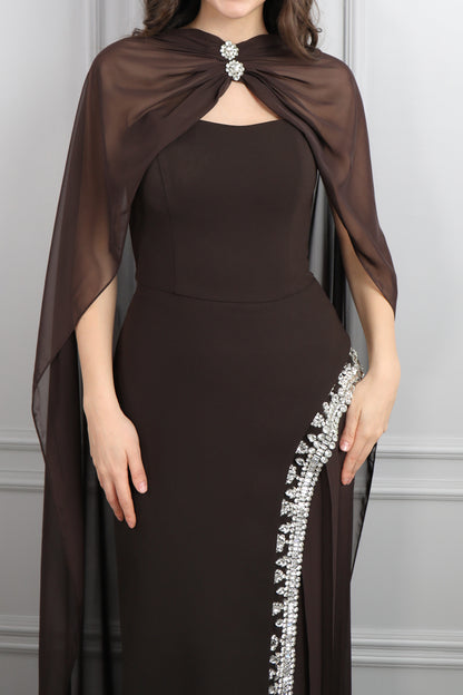 فستان سهرة سترابلس بتطريزات كريستالية و وشاح في العنق -بني