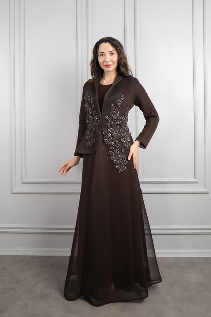 طقم فستان وجاكيت مطرز بالخرز مقاس كبير -بني