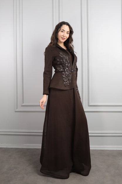 طقم فستان وجاكيت مطرز بالخرز مقاس كبير -بني