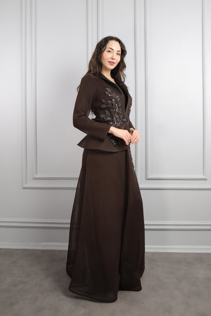 طقم فستان وجاكيت مطرز بالخرز مقاس كبير -بني