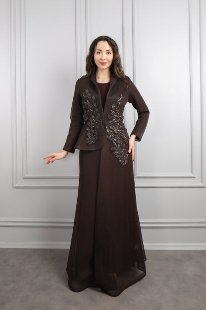 طقم فستان وجاكيت مطرز بالخرز مقاس كبير -بني