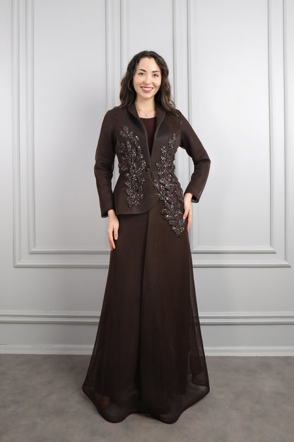 طقم فستان وجاكيت مطرز بالخرز مقاس كبير -بني
