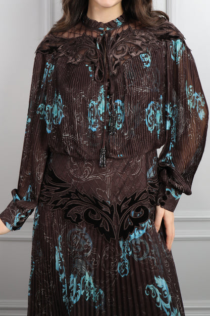 فستان شيفون بتفاصيل مخملية وتكسيرات باكمام واسعة مقاس كبير -تركوازي