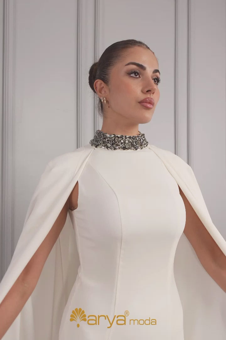 فستان سهرة خناقي مزين بالكريستالات وتفاصيل عباءة من الكتف -سكري
