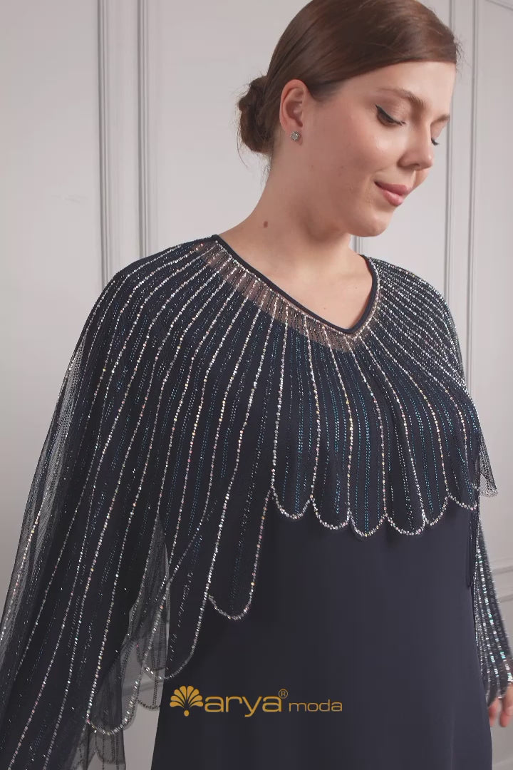 فستان مقاس كبير  بالتول في الاعلى مزخرف بالفصوص -كحلي